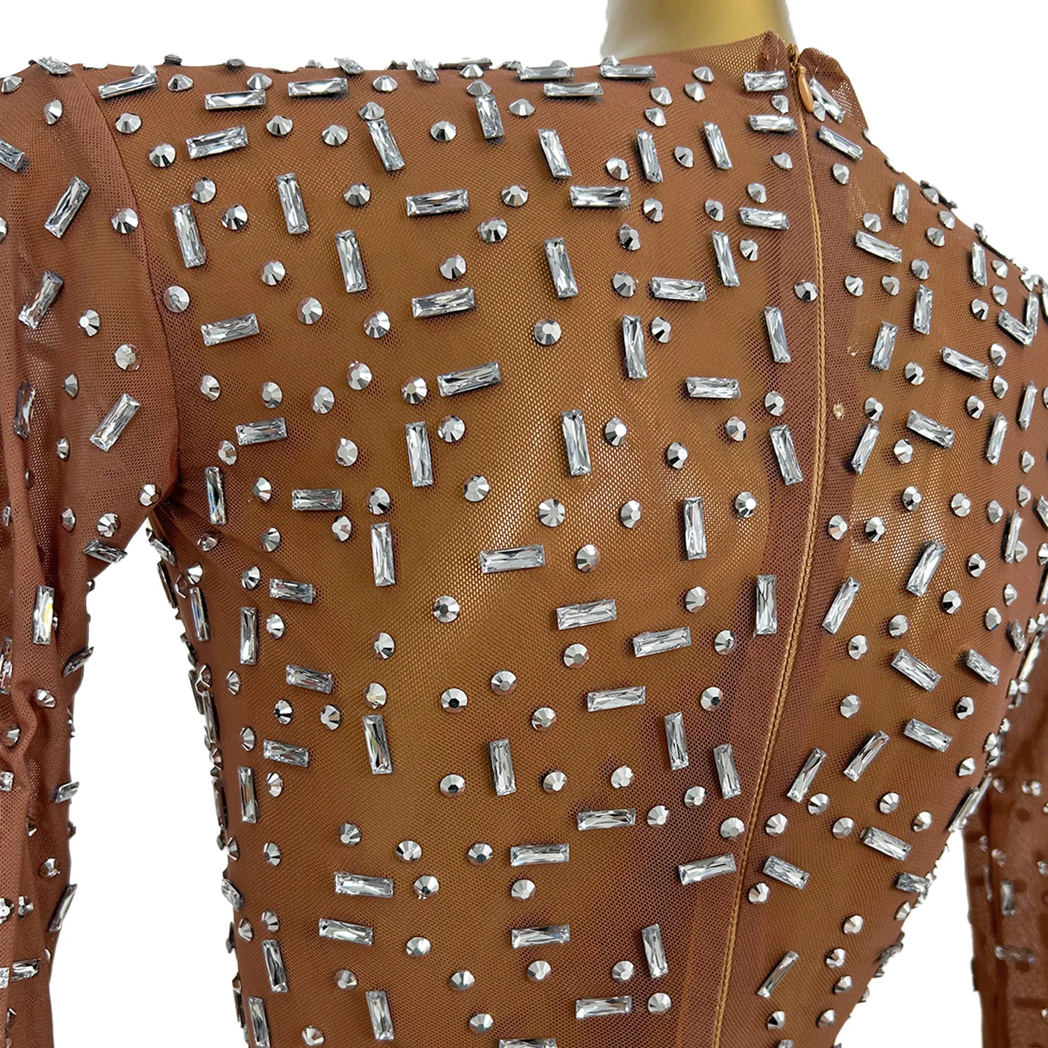 キラキララインストーンシースルーブラウンメッシュドレスセクシーな女性ナイトクラブイブニングドレスハイエンド誕生日パーティーウエディングドレスBailian