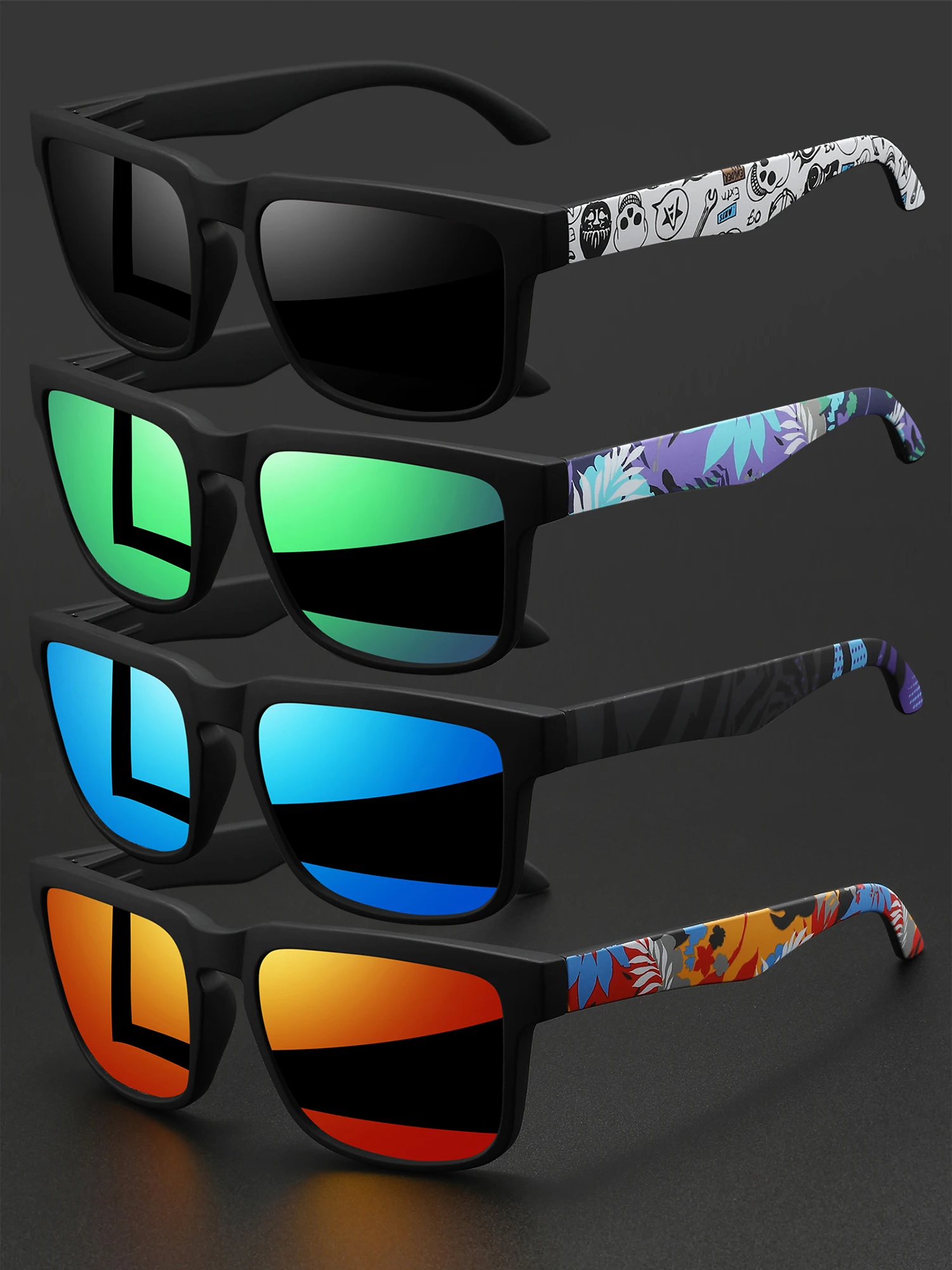 AliExpress NONE 3PCS Classic Square Colorful Sports Sunglasses - Patterned Temples, Comfort Fit for Cycling, Fishing, Beach & Casual