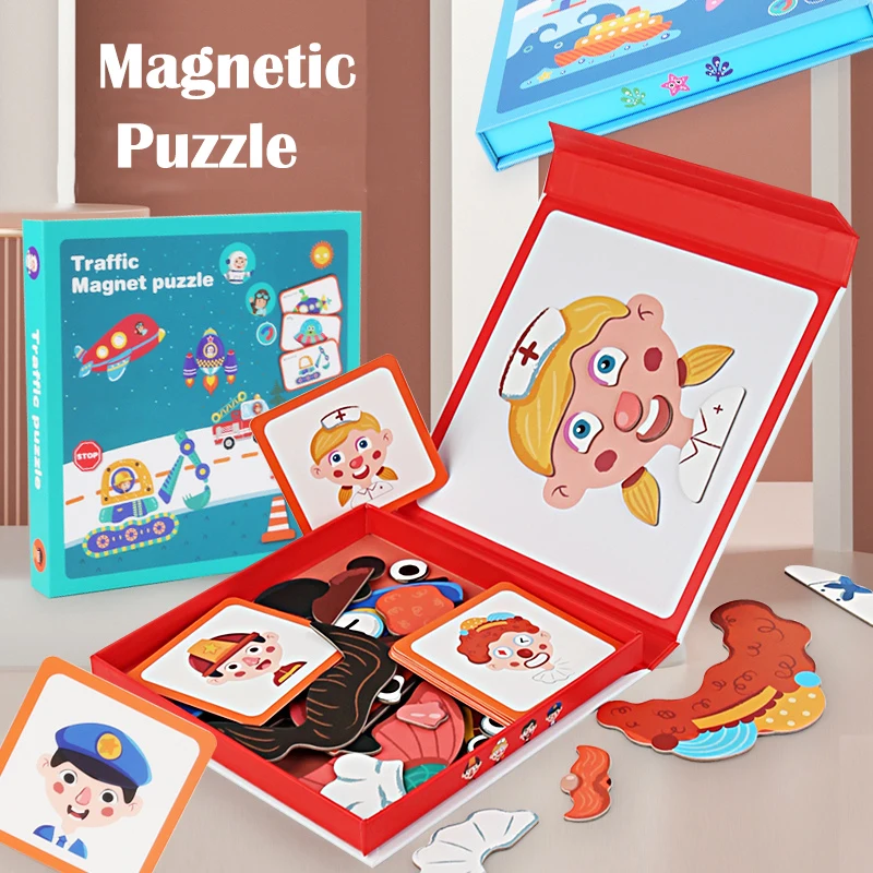 Montessori Wooden Magnetic Puzzle Toys 3D Face Clothing Change Game Educational Early Learning Brain Development for Kids Gift