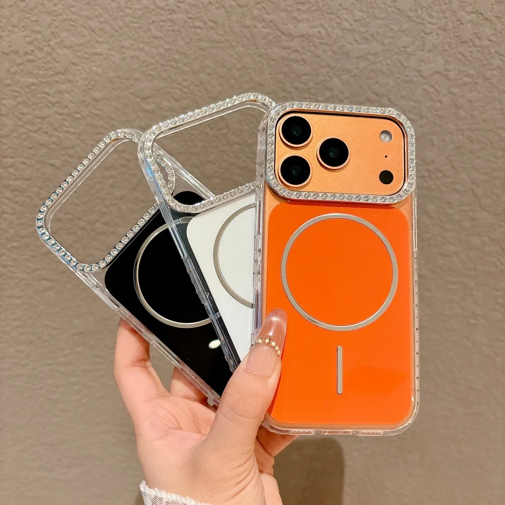 เคสโทรศัพท์กันกระแทกแบบแม่เหล็ก รุ่น Luxury Diomond Frame Glitter Sparkle สำหรับ iPhone 17 Pro Max 16 15 14 Pro 13 รองรับ Magsafe