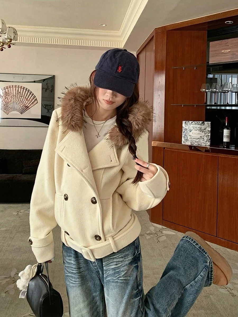 

Женское утепленное шерстяное пальто с меховым воротником в корейском стиле, модное, повседневное, для путешествий, теплое, с завышенной талией, на двойной пуговице