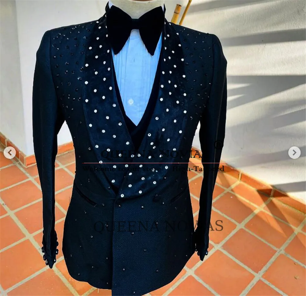 Luxury Sparkly Beaded Stones Suit Men Formal Wedding Party Slim Fit 3 Pieces Groom Tuxedos Customized traje de hombre elegante