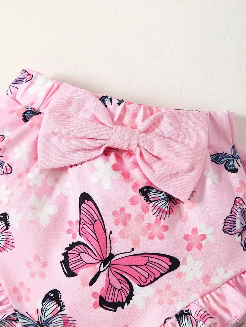 Baby Girl Butterfly Jumpsuit, Print Shorts, 3-Piece Headband Set