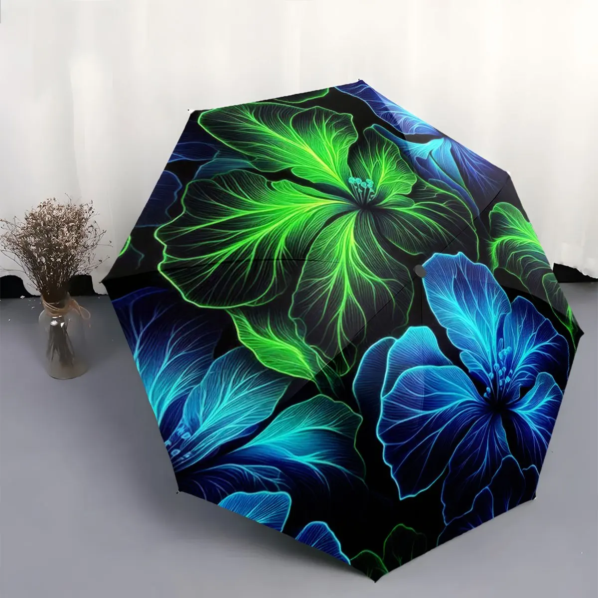 

1pc Neon Floral Pattern Umbrella with Blue and Green Leaves | Portable Collapsible Design, 8 Ribs, Iron and Plastic Material,