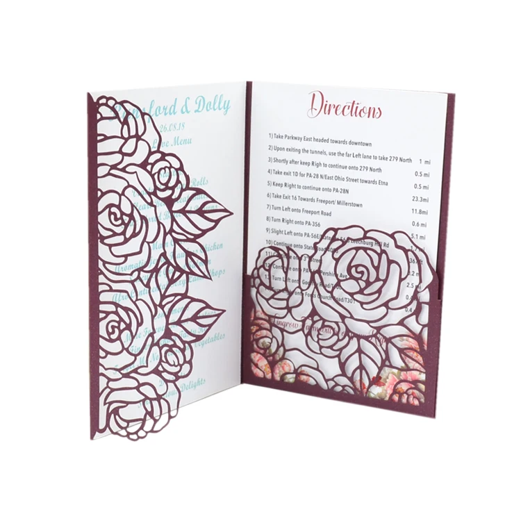 

Burgundy Flower Elegant Pocket Style Laser Cut Tri fold Wedding Invitation Envelope