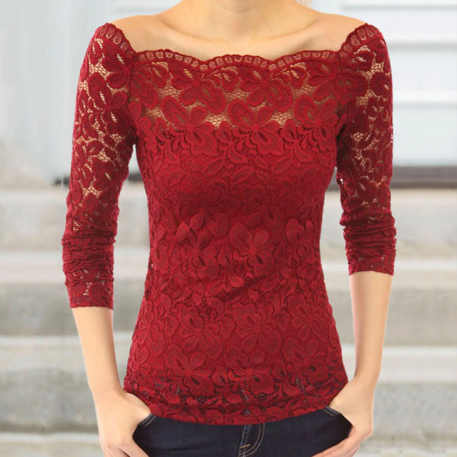 

Женская кружевная блузка в стиле пэчворк, с длинным рукавом и V-образным вырезом