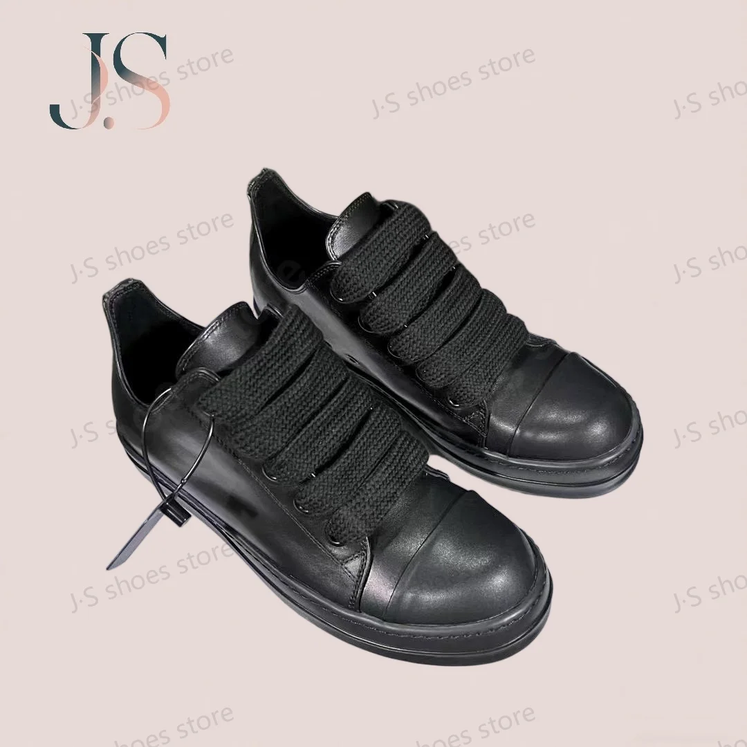 

R-o Men Shoe Full Black Leather Low Top Shoes Cowhide Jumbo Laces Women Casual Sneaker Classic Design Thick Sole Sneakers Boot