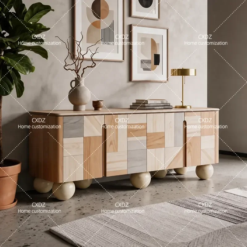 Medieval Style Solid Wood Dining Side Cabinet Art Living Room Storage Locker Retro Veneer Parquet Entrance Cabinet