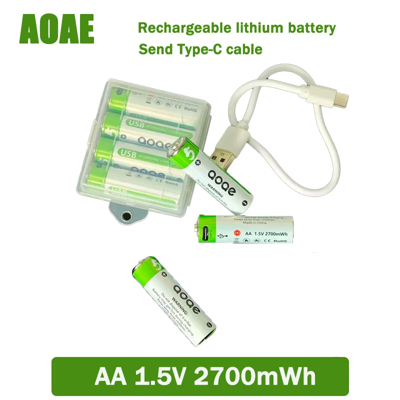 Ultra high capacity 1.5V AA 2700 mWh USB lithium-ion battery,equipped with charging cable Suitable for remote controls and toys