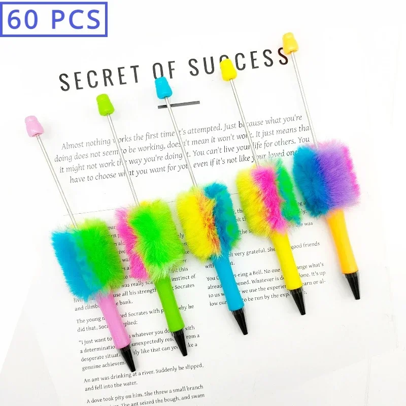 100pcs Rainbow Style Beaded Ballpoint Pen Colorful DIY Handmade Plush Decoration Cute Ball Pens Stationary School Supplies