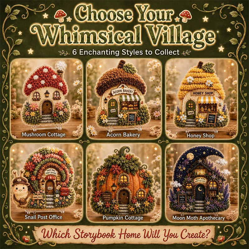 3D Mushroom House Poke Art DIY Kit Fabric Punch Needle Embroidery Set Hand‑Making Craft Kit with Tool & Colorful Yarn Home Decor view 6