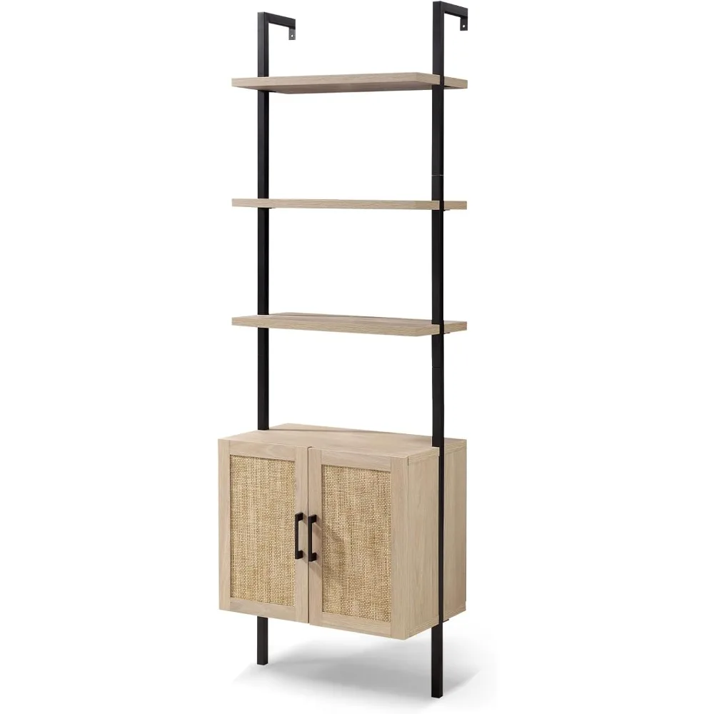 5 Tier Bookshelf with Rattan Cabinet, 73