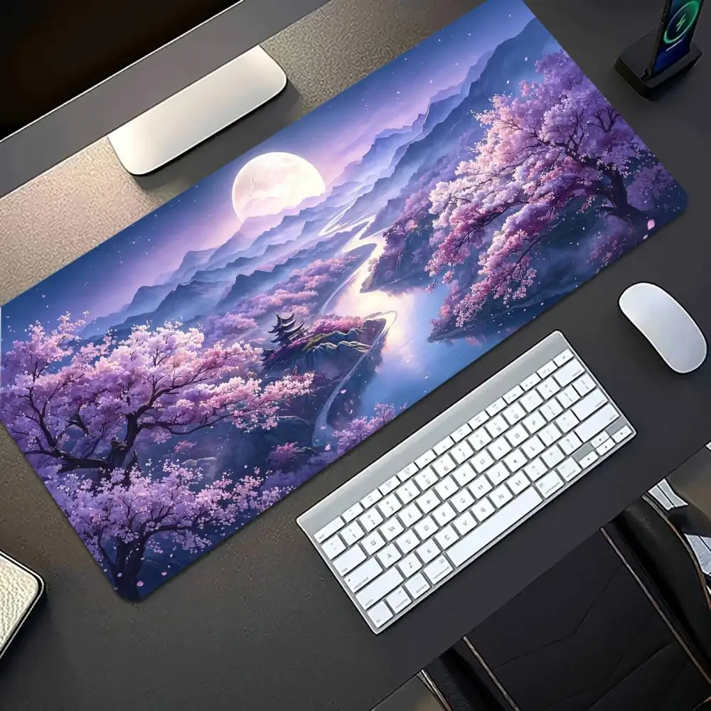 Large Desk MousePad Purple Cherry Blossom Moon Landscape Pattern Stitched Edge Non Slip Rubber Mat For PC Keyboard Desktop Setup