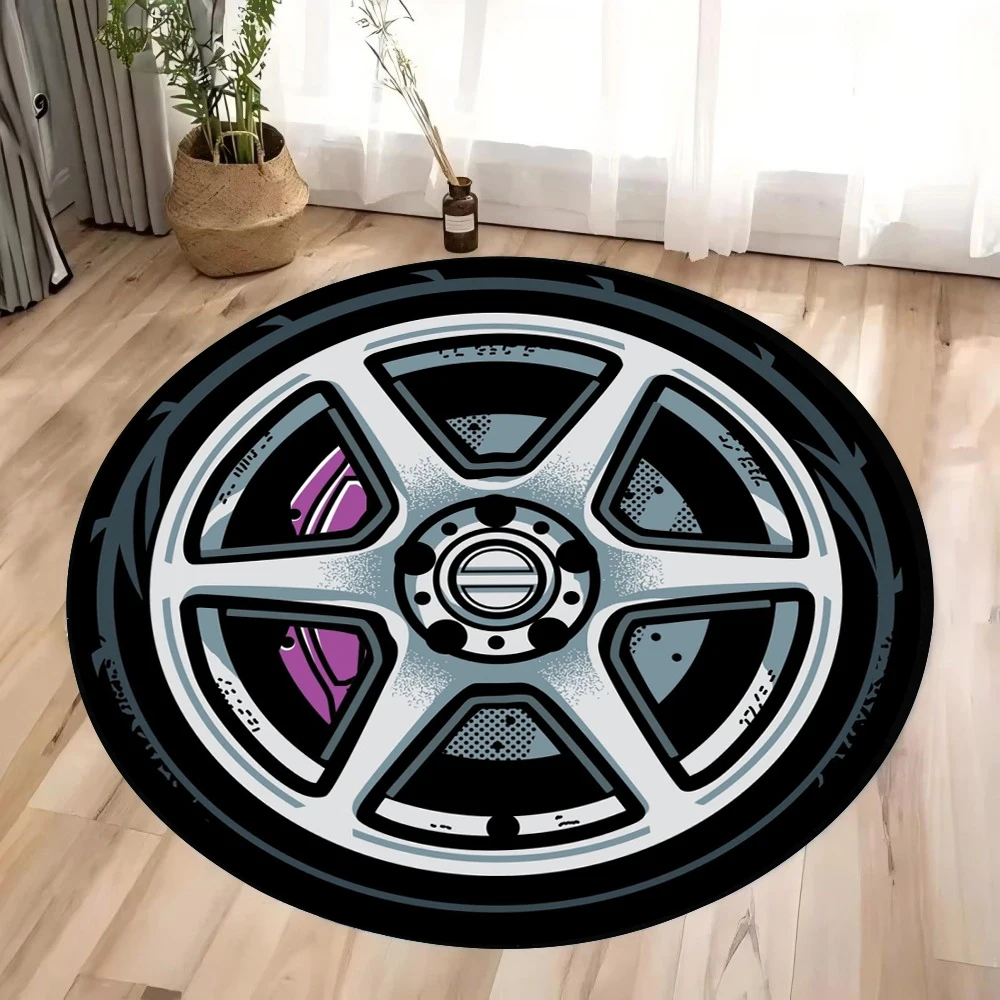 Black Wheels Printing Round Carpet Living Room Bedroom Kitchen Bathroom Floor Mat Soft Circle Rug Birthday Decor