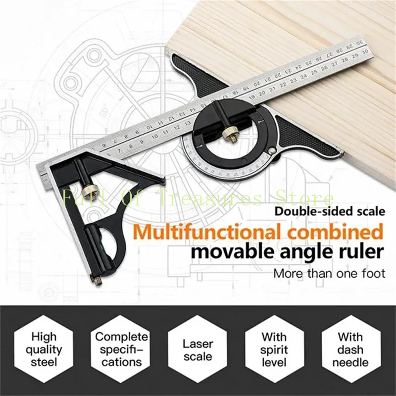 Square Right Angle Ruler Protractor Movable Square Woodworking Angle Ruler Stainless Steel Measuring Tools Multi Combination Set