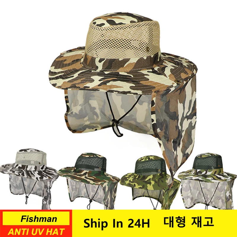 Camouflage Fisherman Hat Mesh Sunshade Windproof Mountaineering Caps Polyester Knitting jungle Large Wide Round Top Shading