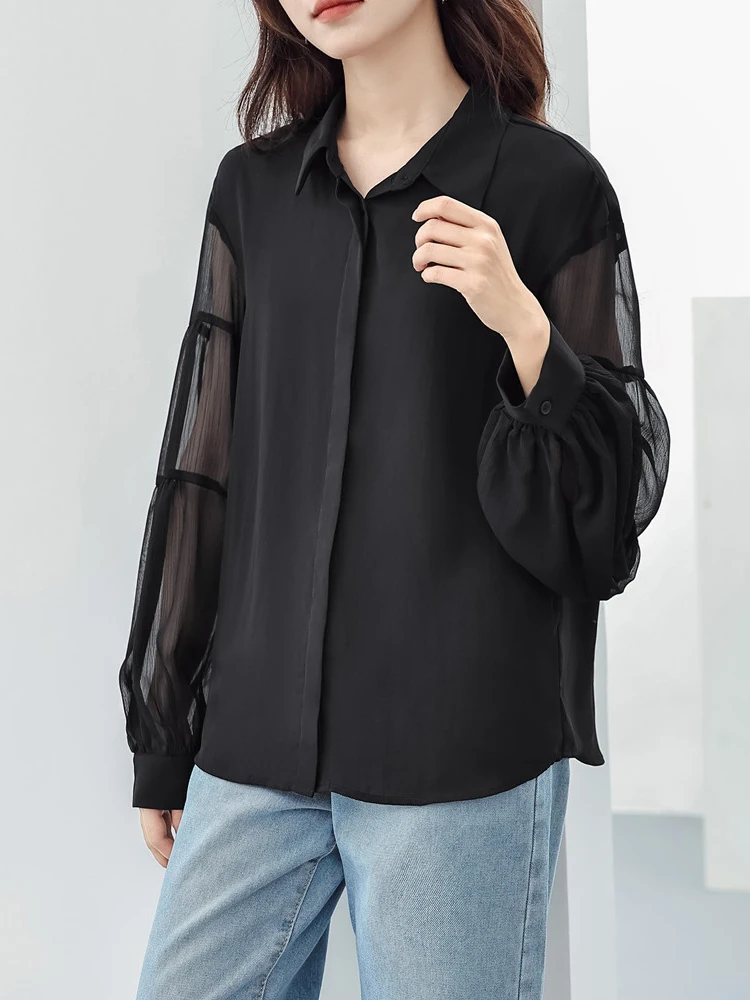 

QOERLIN Vintage Lantern Sleeve Black Chiffon Shirt Women's Temperament Black Shirts Mesh Transparent Sleeve Elegant Tops Shirts