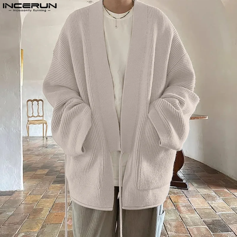 INCERUN Men's Sweater Cardigans Solid Long Sleeve Knitted Cardigans Lace Up Pocket Streetwear Male Loose Kimono Tops S-5XL