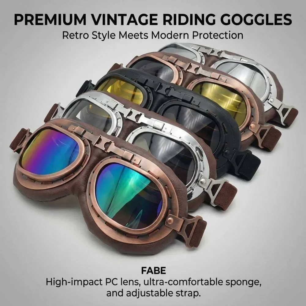 Motorcycle Goggles Retro Adjustable Strap Aviator Goggles Steampunk ATV Bicycle Helmet Glasses Outdoor Sports Angled Goggles