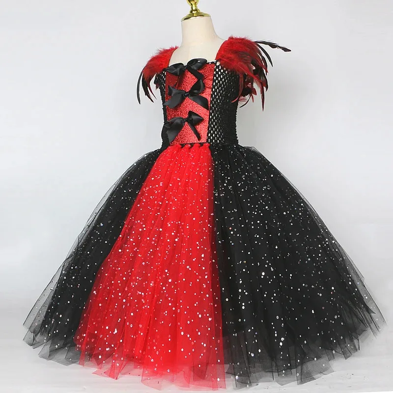 Sparkly Demon Vampire Queen Costume for Girls Spider Witch Halloween Long Tutu Dress Kids Carnival Outfit Gothic Feather Clothes