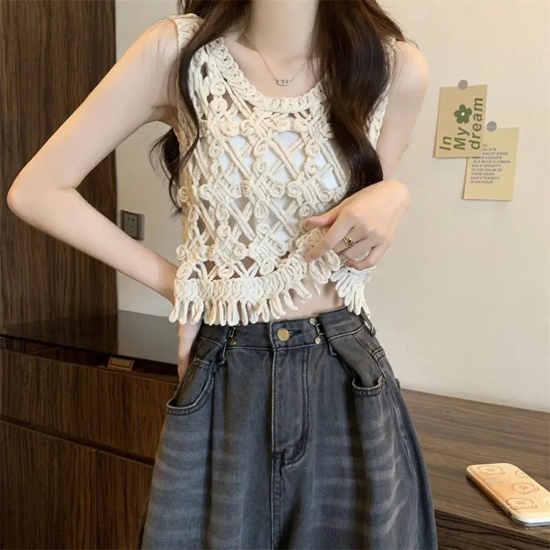 Hook Flower Hollow Out Knitted Camisole Women Summer New Embroidery Solid Sleeveless Vest Korean Style Chic Tassel Crop Tops