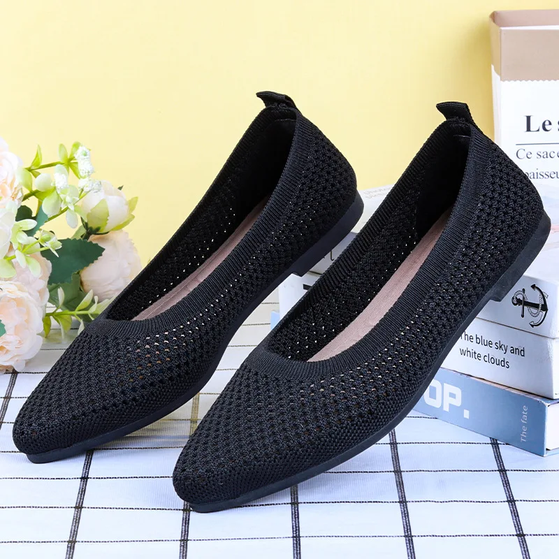 Women's Shoes New Solid Color Pointed Flat Bottom Mesh Soft Sole Single Shoe Casual Breathable Hollow Knitted Driving Shoes