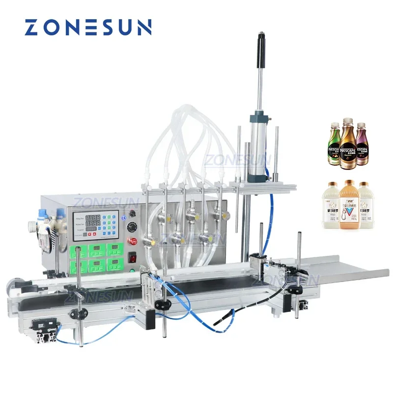 

ZONESUN ZS-DTMP6 Automatic 6-Nozzles Diving Filling Machine for Foamy Soap, Juice, Soy Milk & Water Bottles