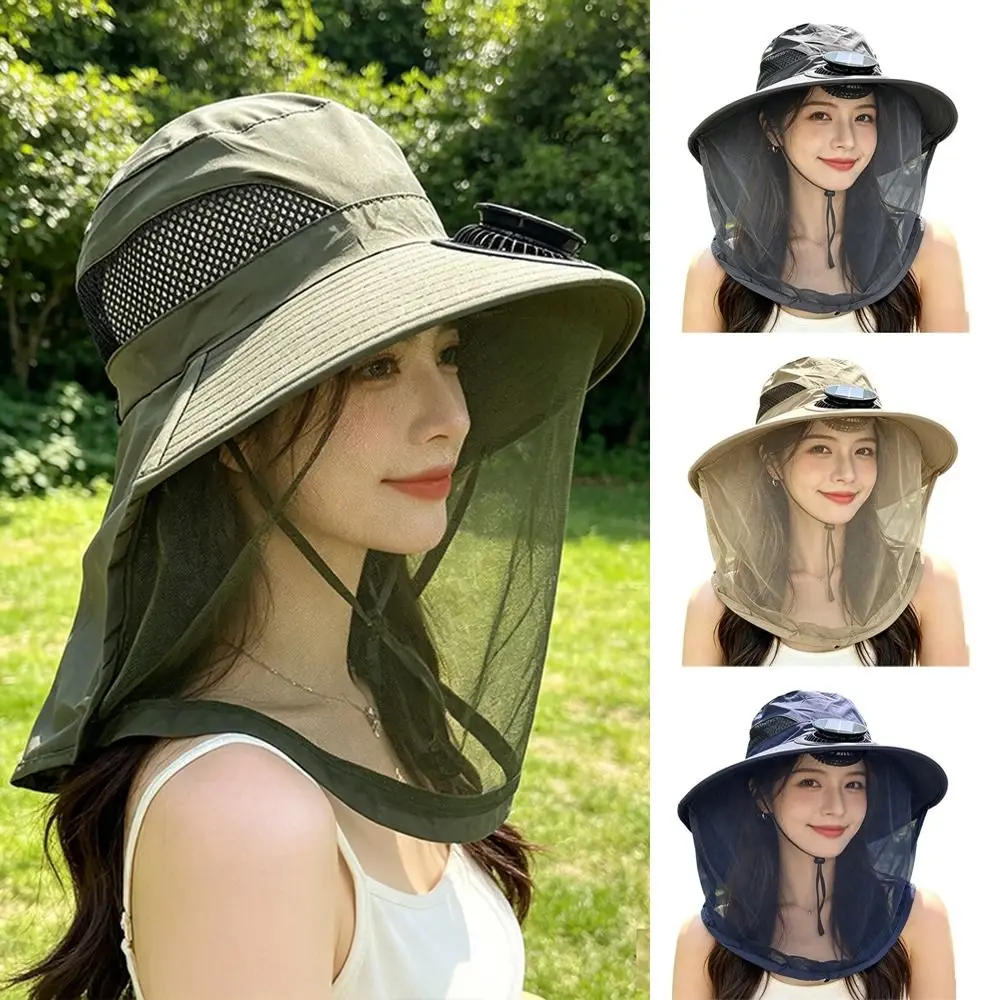 Portable With Net Mesh Mosquito Head Net Hat Foldable Breathable Wide Brim Sun Cap Adjustable 3 Speeds Fishing Bucket Hat Hiking