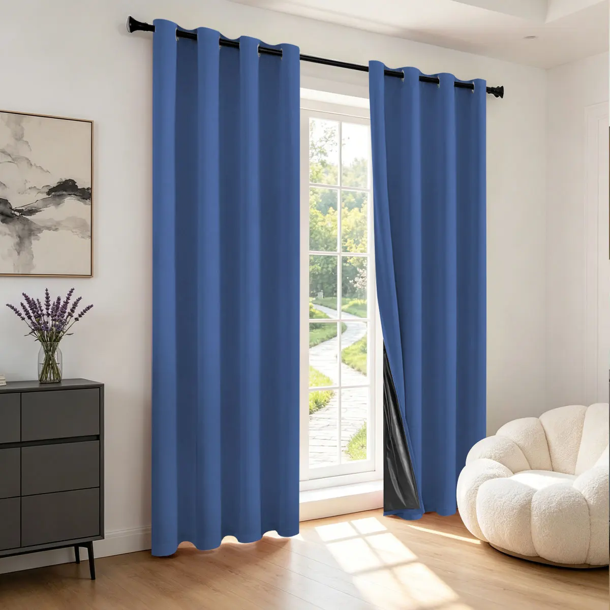 Navy Blue Grommet Curtains with Black Liner, Matte Light Blocking Drapes for Bedroom Living Room Decor