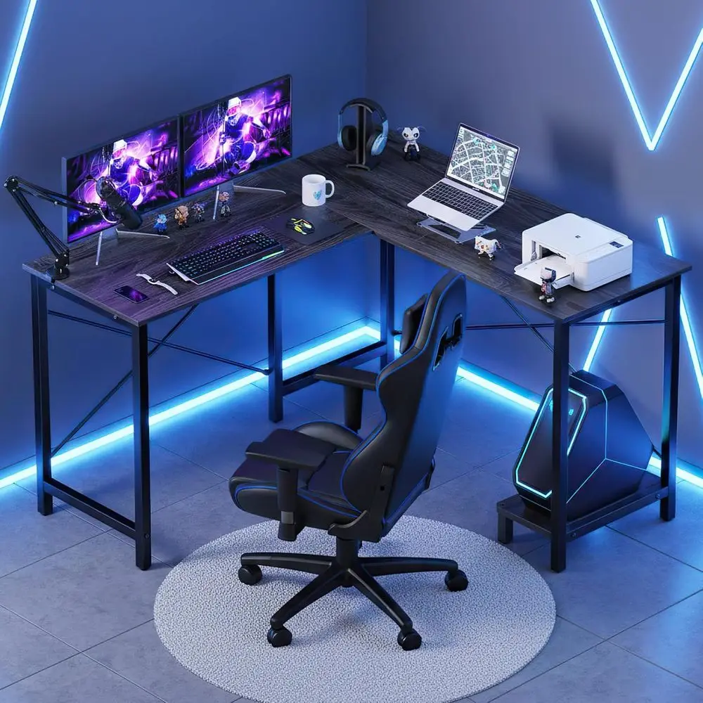 L Shaped Desk Computer Gaming Corner Table 50 Inch Home Office Writing Student Work PC Workstation with Side Storage Bag CPU Sta