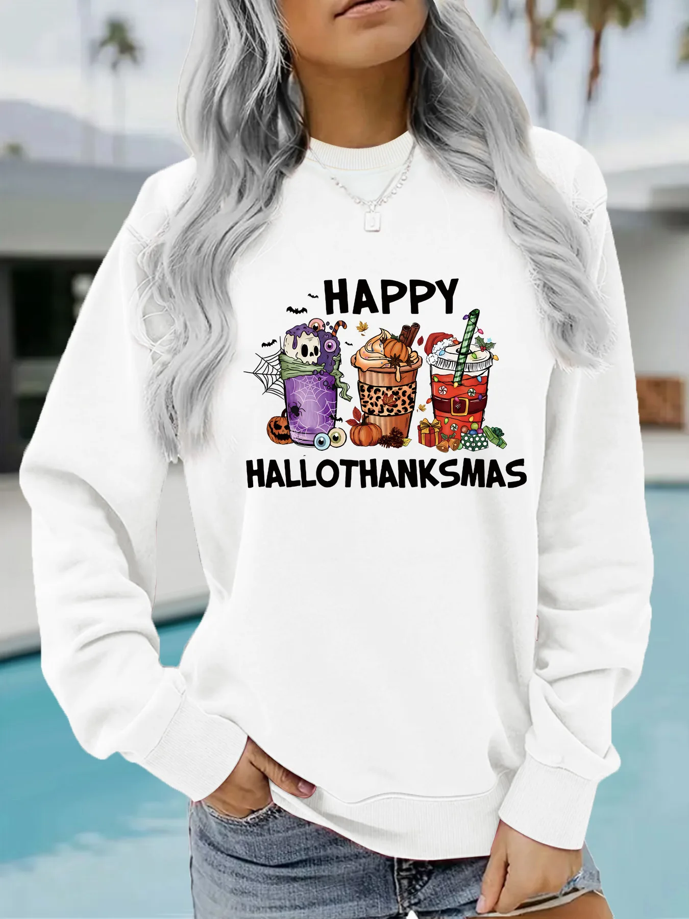 BKLD Autumn And Winter Long Sleeve Tops Round Neck Fashion HAPPY HALLOTHANKSMAS Printed Pullover Sweatshirt Women Clothing
