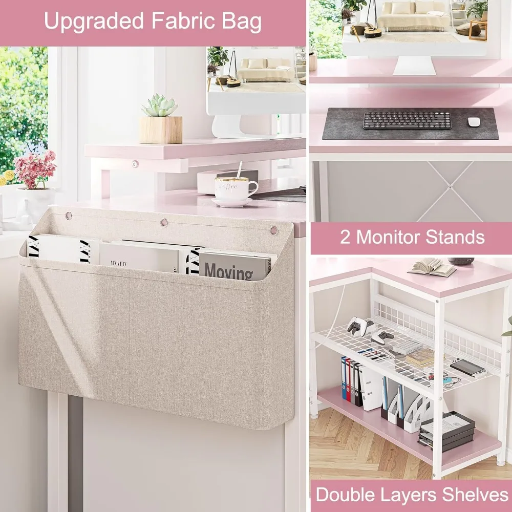 L-shaped Computer Desk with Power Socket and LED Light, 49.6-inch Computer Desk with Storage Shelves and Monitor Stand, Pink