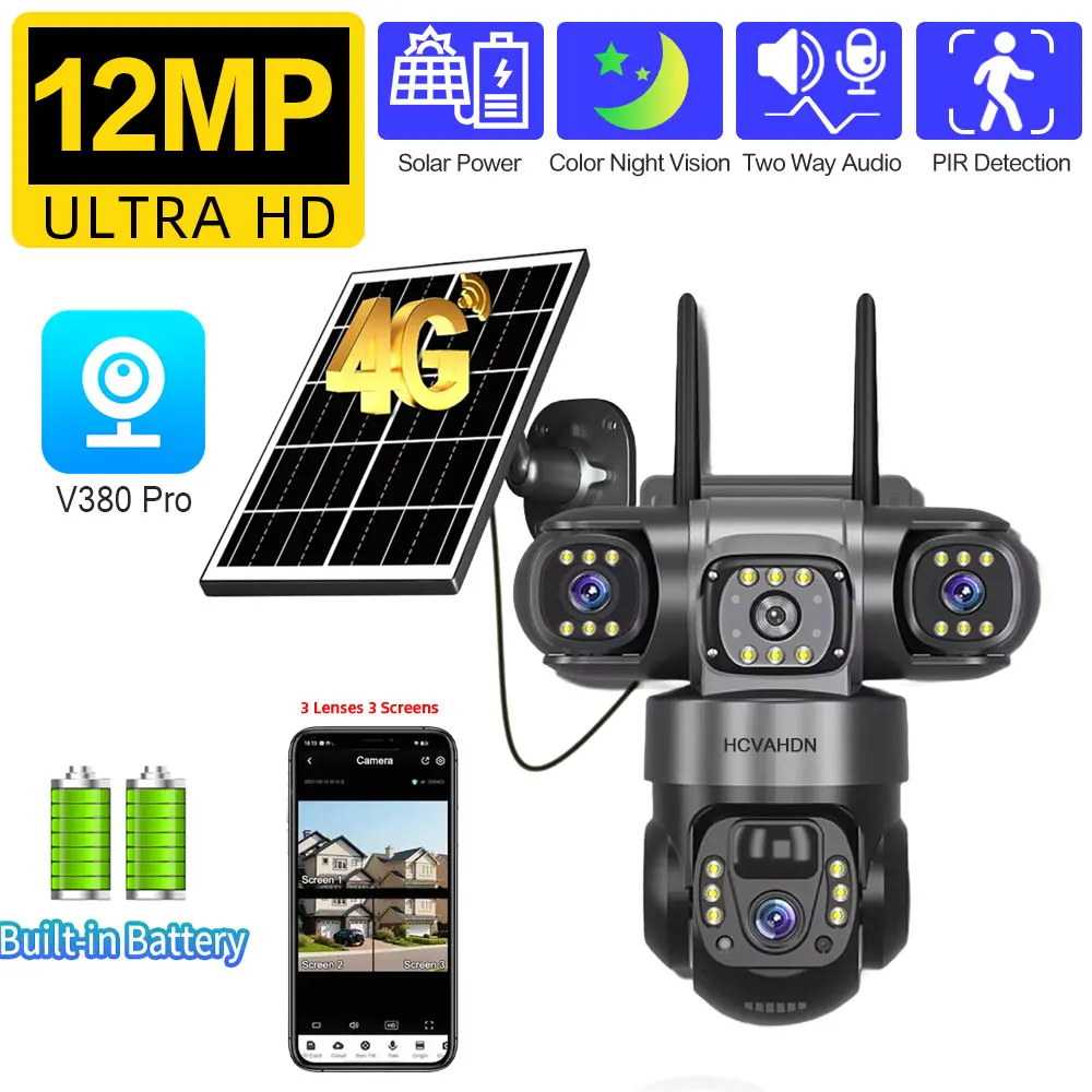

Solar 4G PTZ Security Camera SIM Card 12MP Survalance IP Camera 12000 MAh Big Battery Low Power Wireless CCTV Video Camera 4K