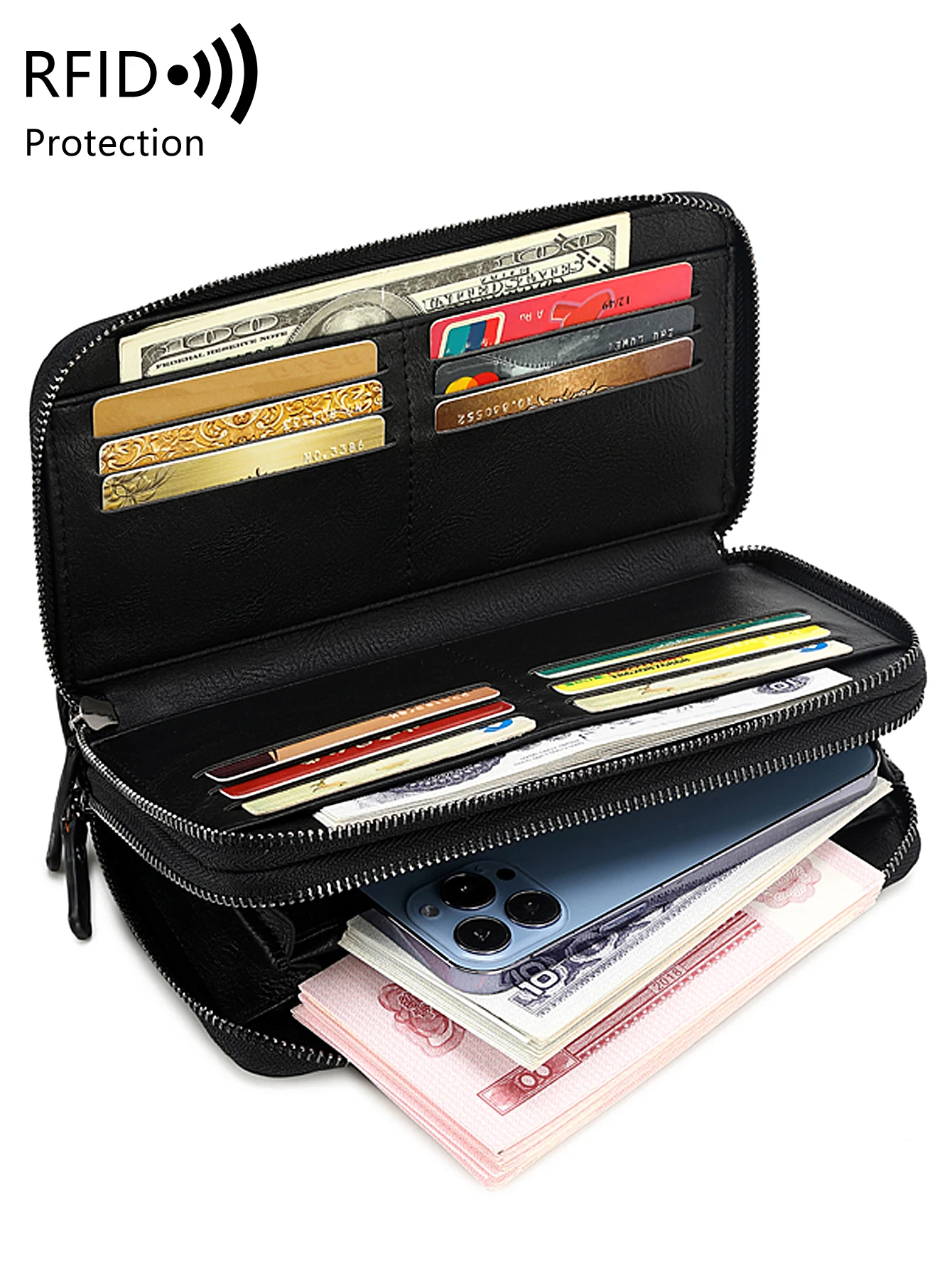 Business RFID Men's Handbag New Double Zipper Large Capacity Men's Wallet High Quality PU Leather Multi Functional Men's Card Ba