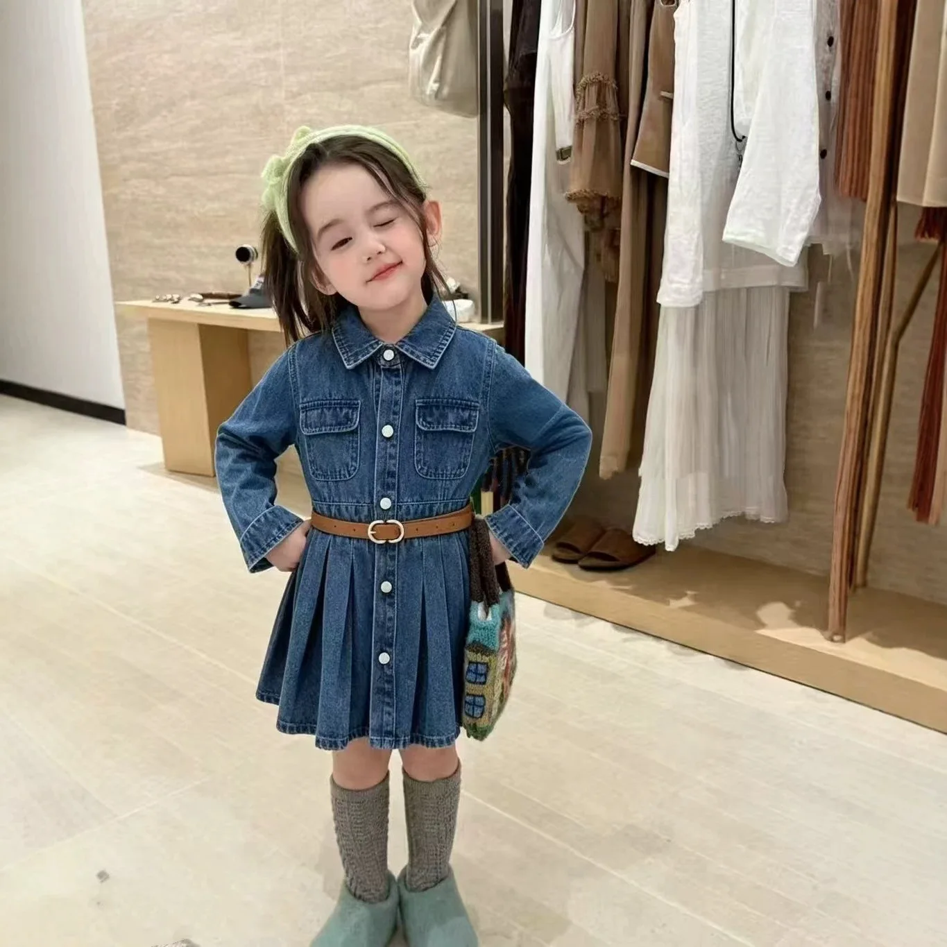 Girls Dress 2026 Autumn and Winter New Children's Clothing Korean Style Girls Baby Fashion Lapel Belt Long Sleeve Cowboy Dress