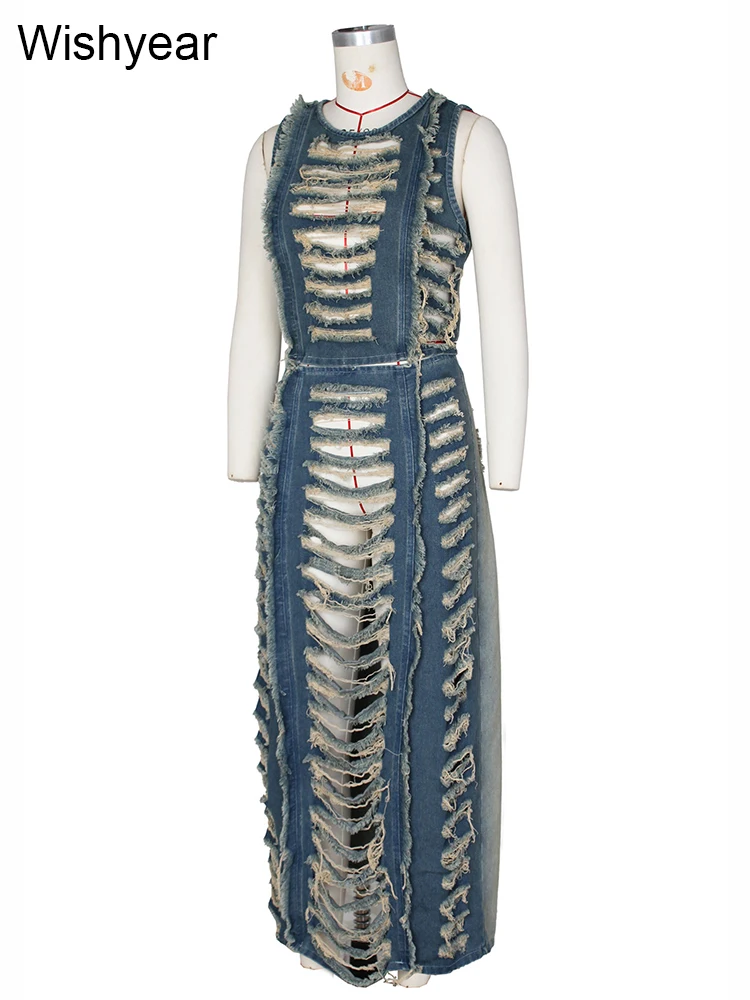 Elegant Ripped Hole Denim Two 2 Piece Dress Set Women Sleeveless Crop Tank Tops and Split Side Maxi Skirt Streetwear Outfits