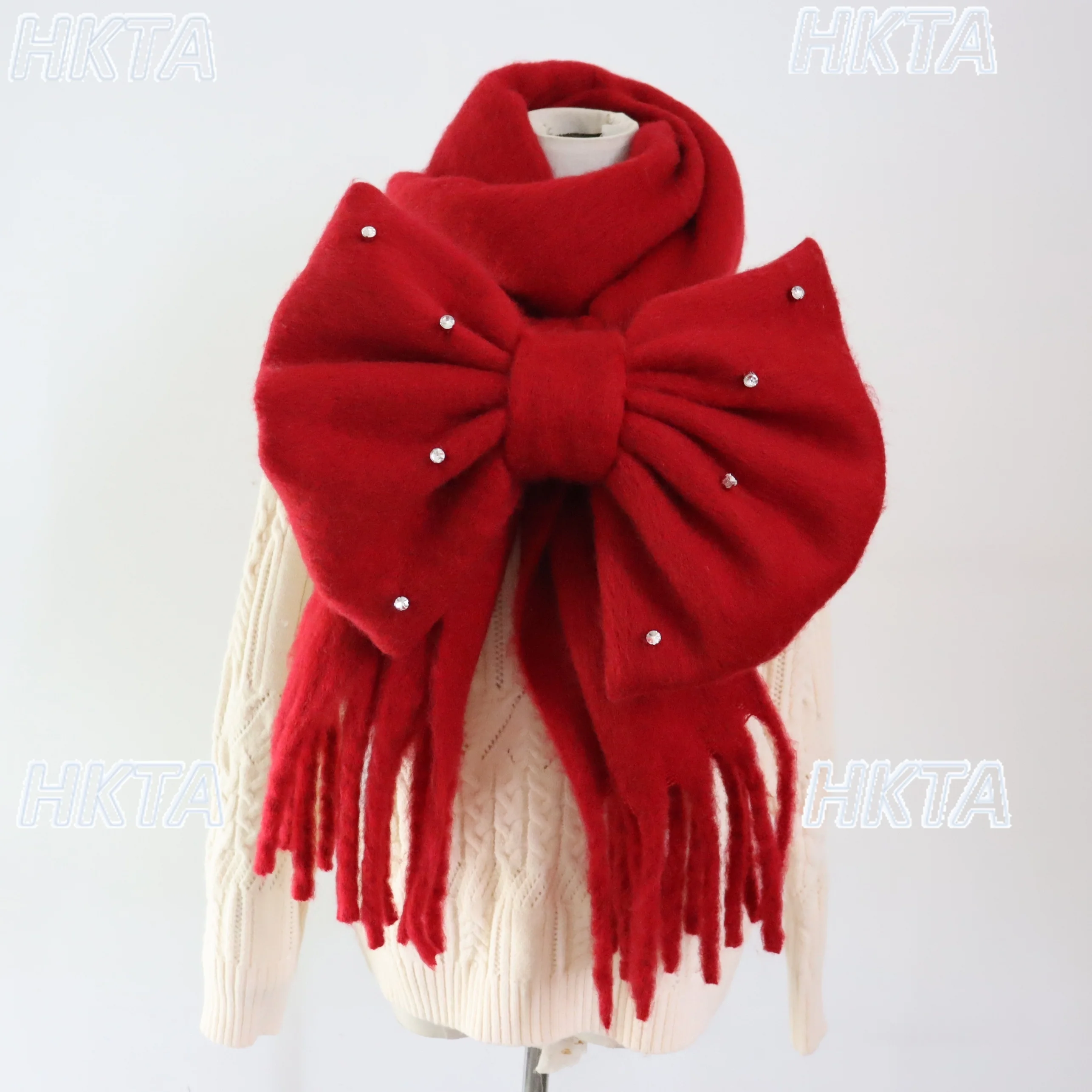 Bufanda de piel de hilo rojo grueso japonés para mujer, bufanda de invierno 2025, cálida y gruesa con agradable arco para niñas, bufandas de doble uso, chal
