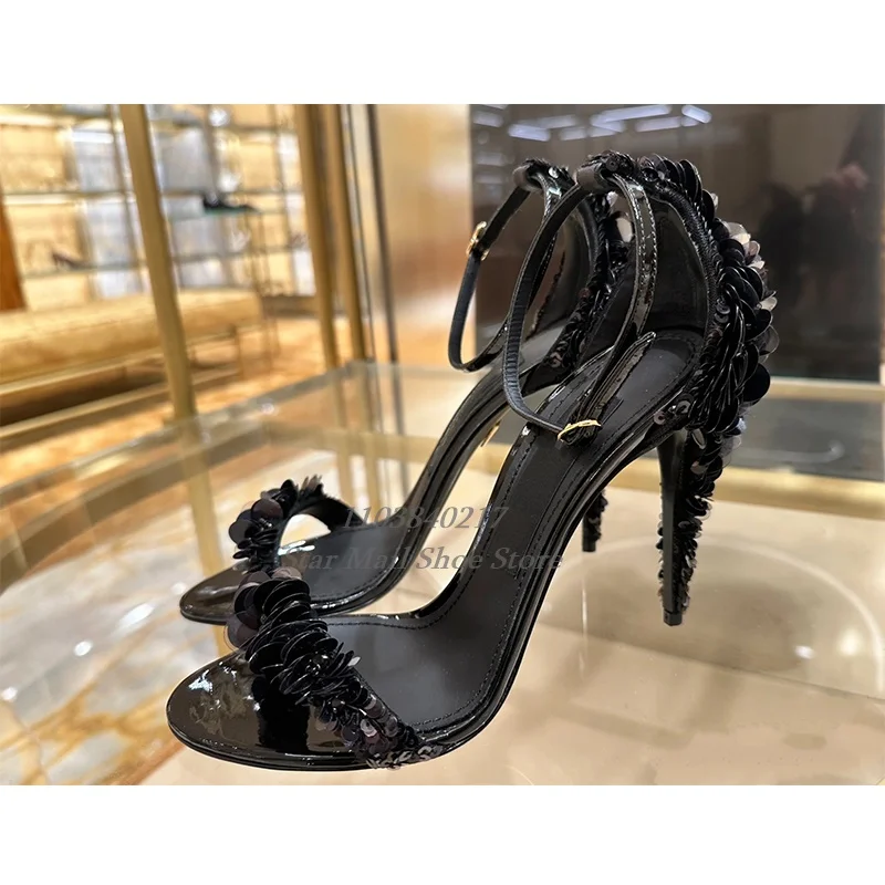 Fashion Sequins Decor One Strap High Heel Sandal Women Summer Round Toe Cover Heel Ankle Buckle Strap Stiletto Party Dress Shoe