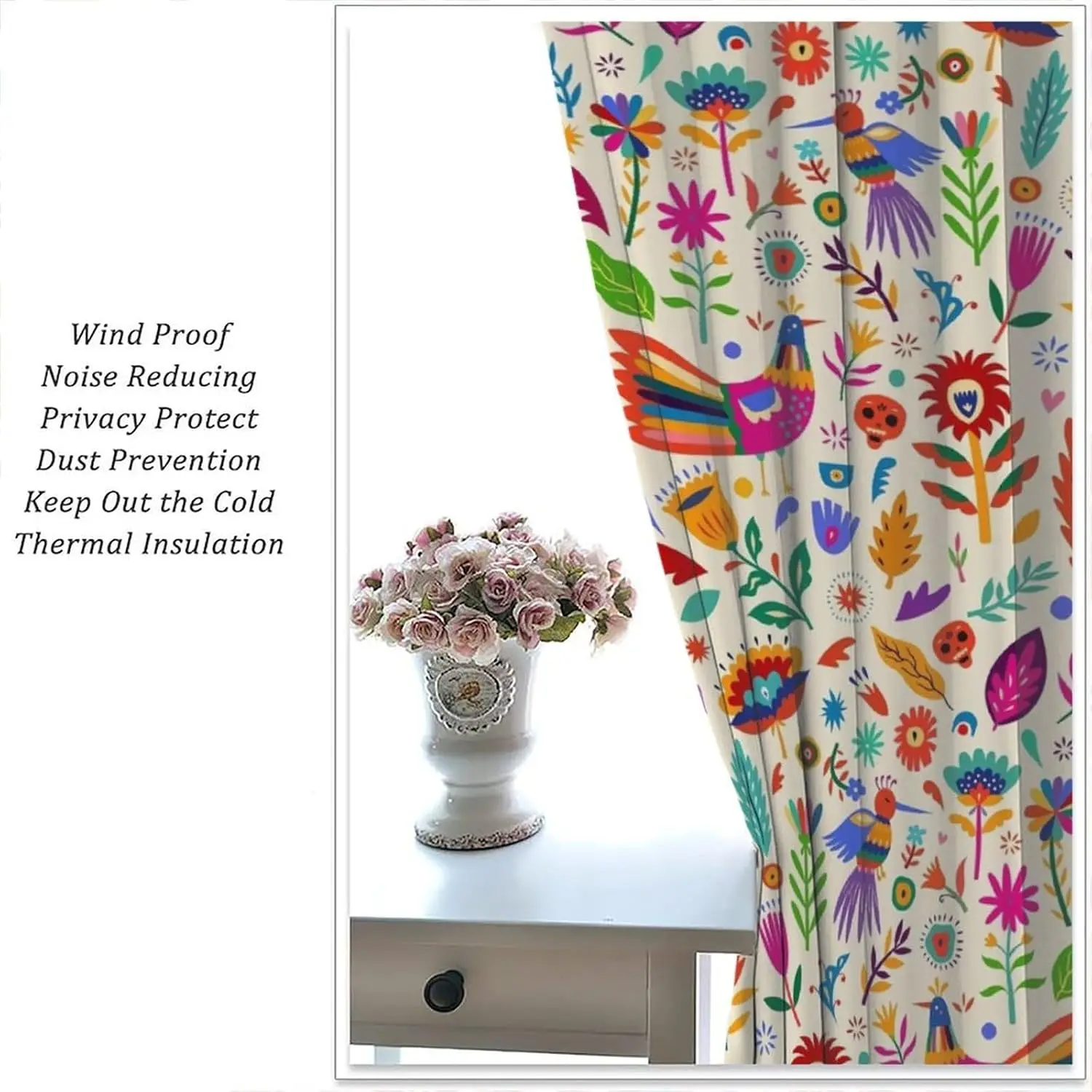 2 Panels Mexican Folk Colorful Bird Floral Blackout Curtains Boho Tropical Flower Leaf Peacock Print Drapes Ethnic Homestay