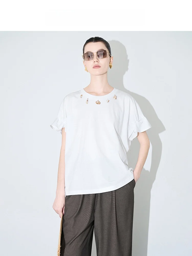 

Футболка Audrey Wang ручной работы из чистого хлопка с цветочным принтом, женская летняя новинка, повседневная, свободного кроя, с круглым вырезом и коротким рукавом