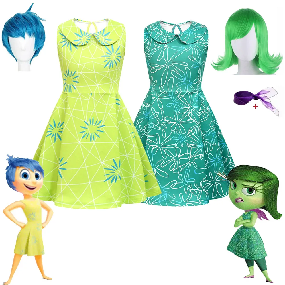 Kids Inside Out 2 Cosplay Dress Wig Costume Movie Inside Out Joy Disgust Roleplay Girls Clothing Christmas Halloween Party Suit