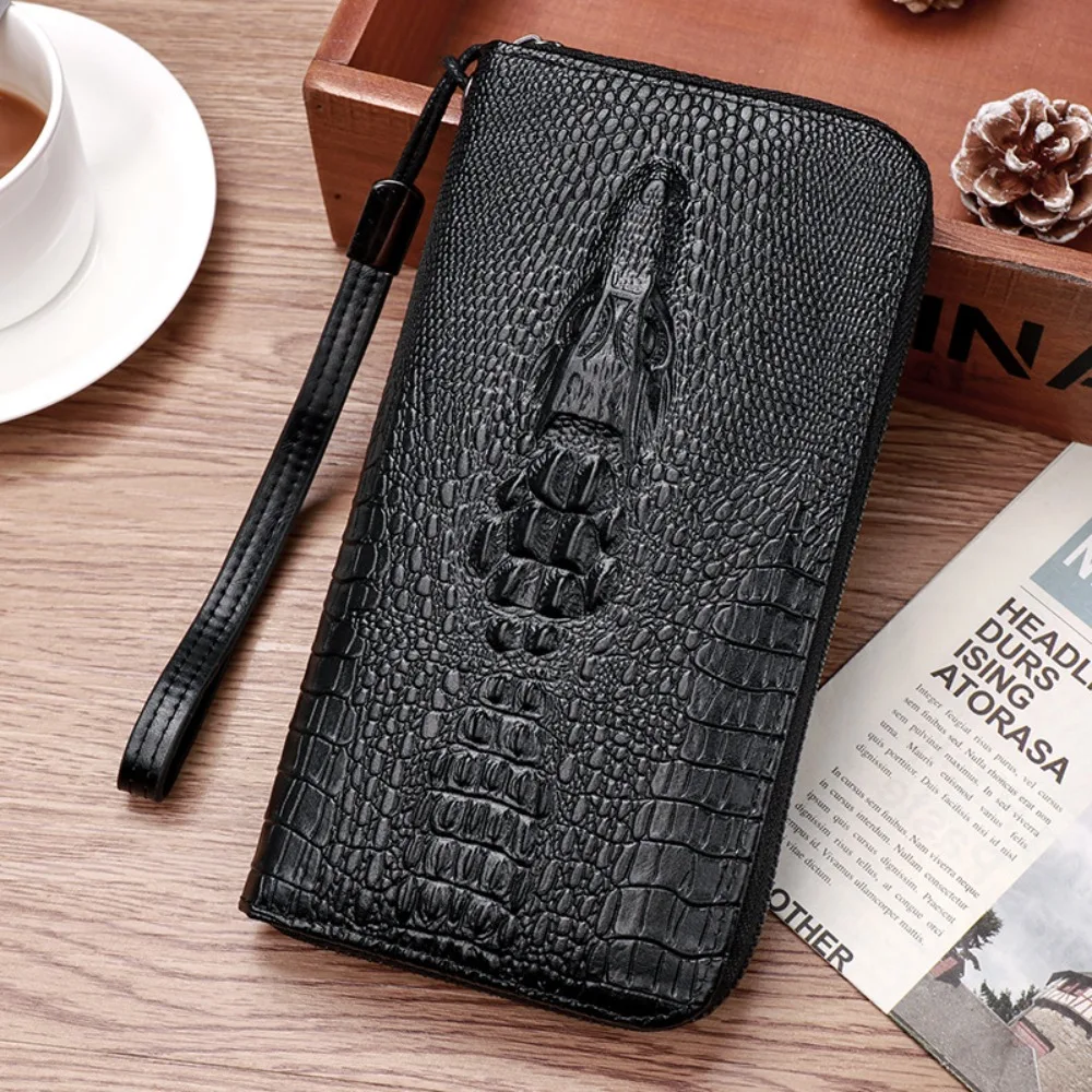 New Long Wallet with Wrist Strap Luxury Alligator Pattern Coin Purse Multi-function Card Holder Male Money Bag Waist Bag