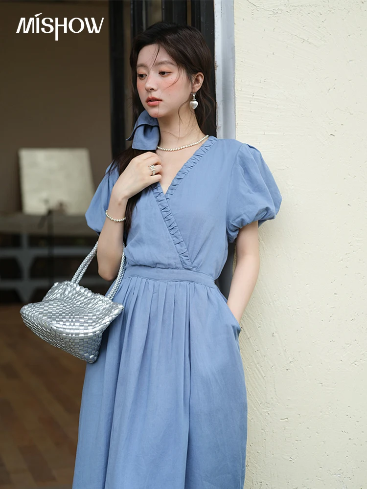

MISHOW Summer Fashion V-neck Dress Woman 2025 New Puff Sleeve Sashes Elegant Pocket Vacation Dresses Ladies Clothing MXE39L2381