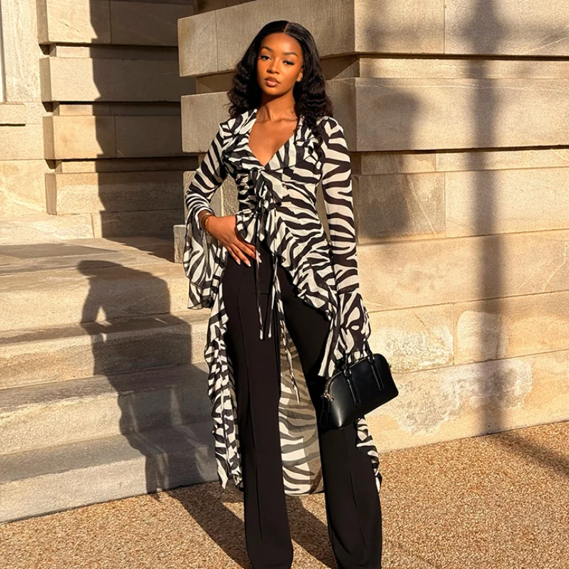 Trendy Y2k Layering Top Zebra Print Side Slit Sheer Women Long Cardigan Elegant Stylish Trendy Edgy Summer Lady Resort Coverup