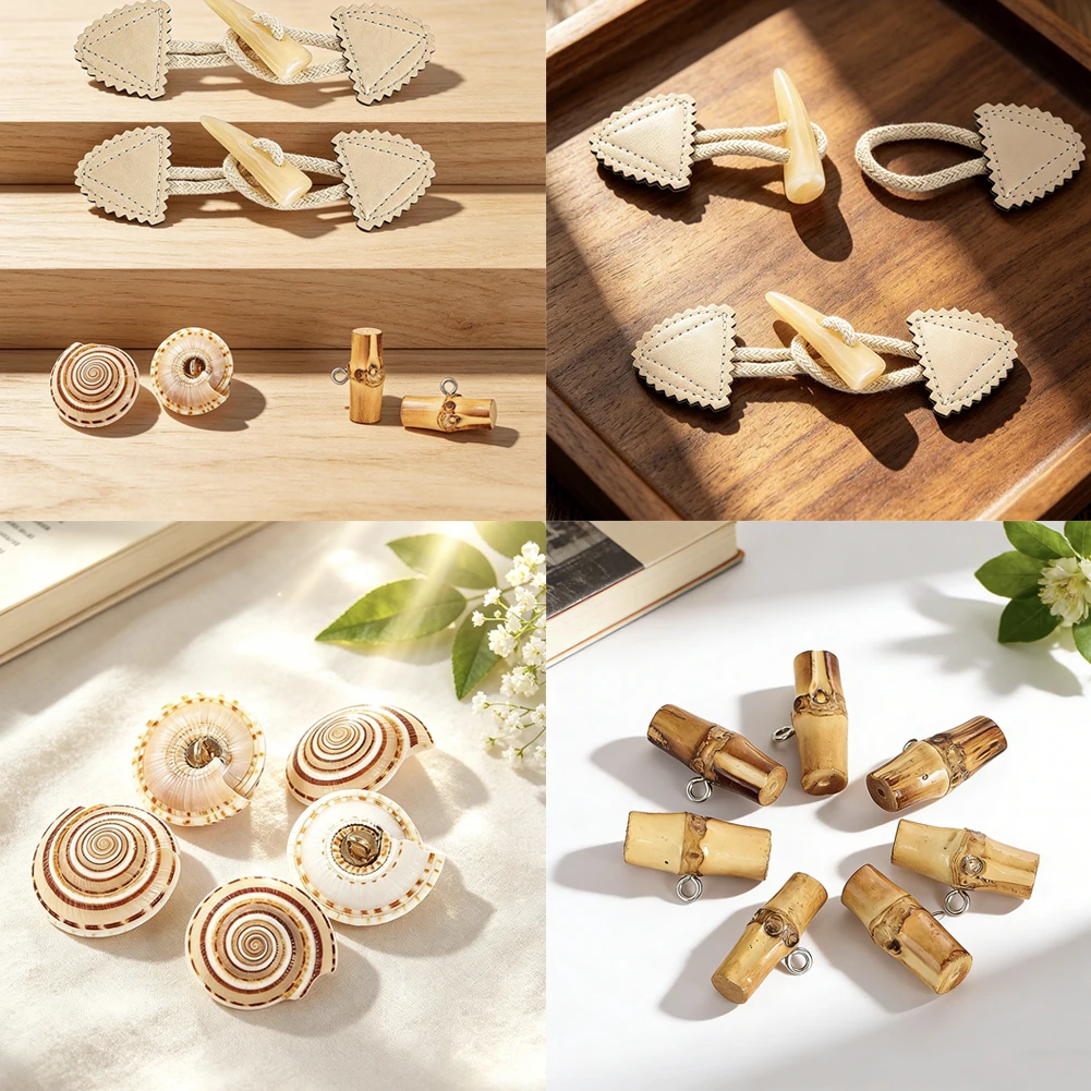 Natural Conch Shell Bamboo Joint Triangular Imitation Horn Buttons Metal Ring Button DIY Double Faced Wool Coat Decor Accessory