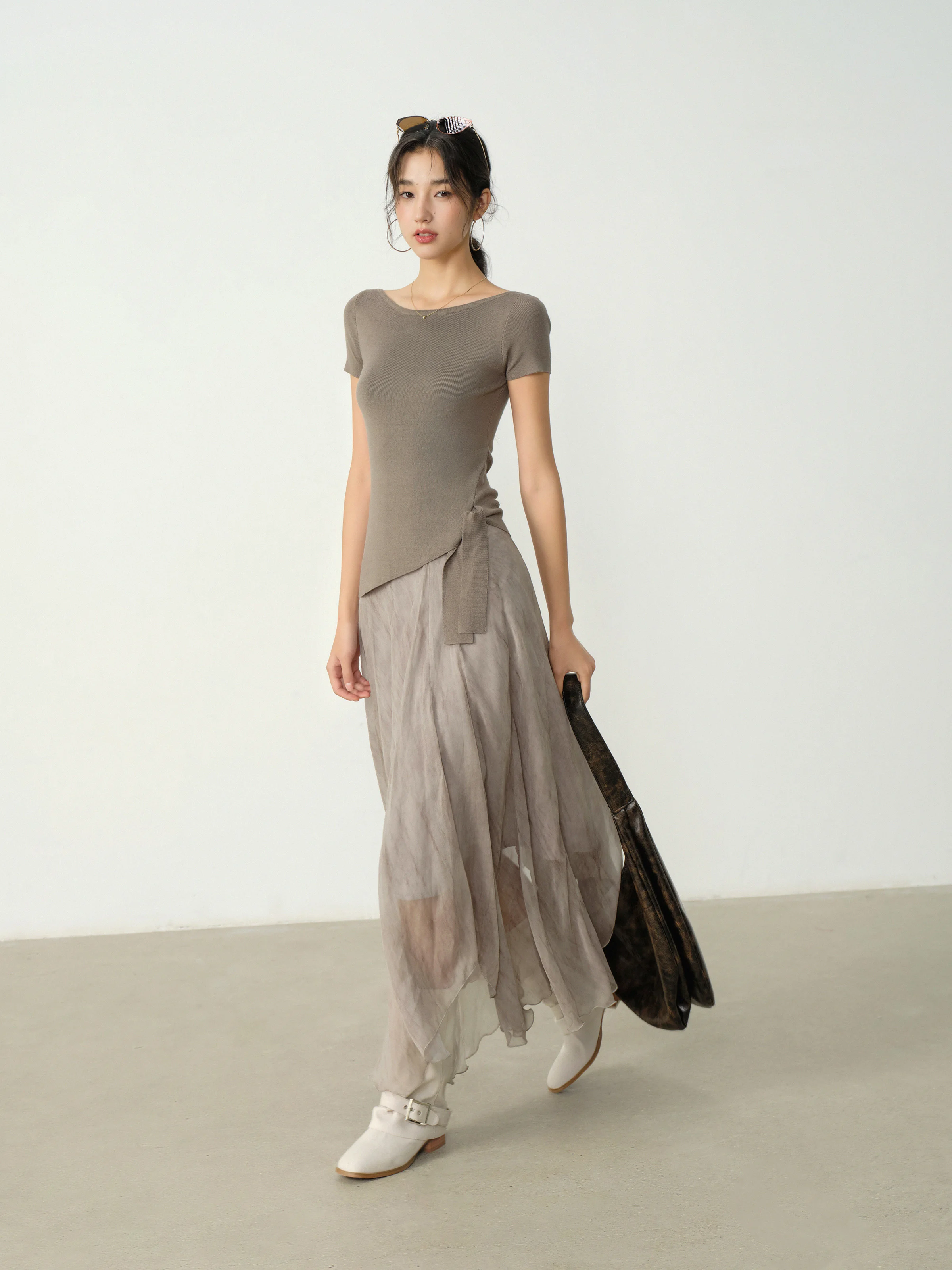Elegant Vintage Chiffon Skirt Flowy A Line Maxi Skirt High Waist 