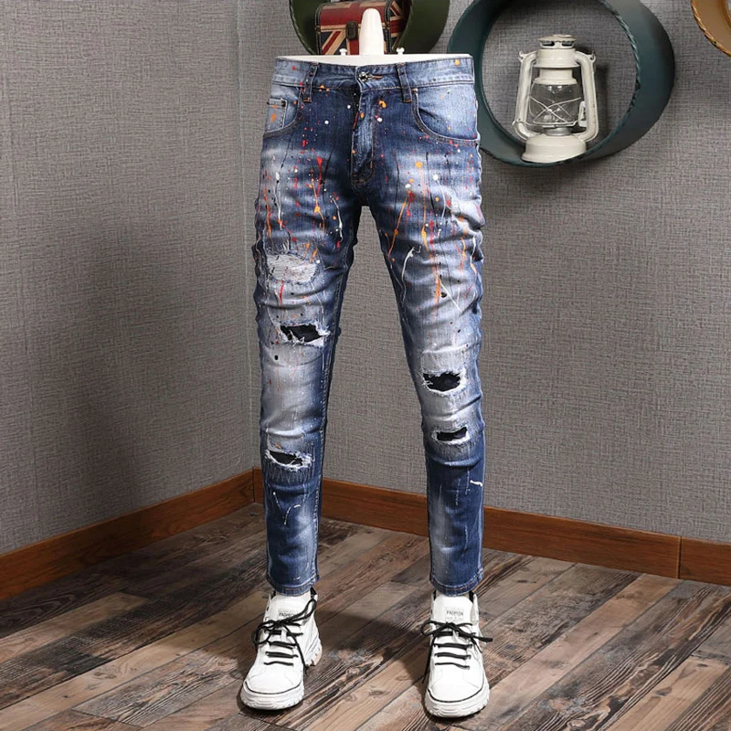 

Streetwear Fashion Men Jeans Retro Blue Stretch Slim Fit Hole Ripped Jeans Men Painted Designer Hip Hop Vintage Pants Hombre