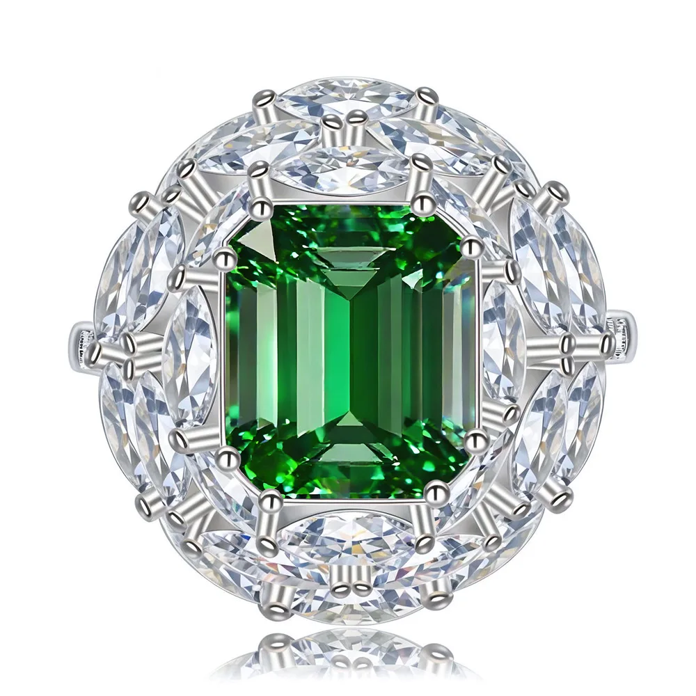 

New 925 silver luxury set with 10x14mm emerald ring women's European and American banquet jewelry haute couture jewelry