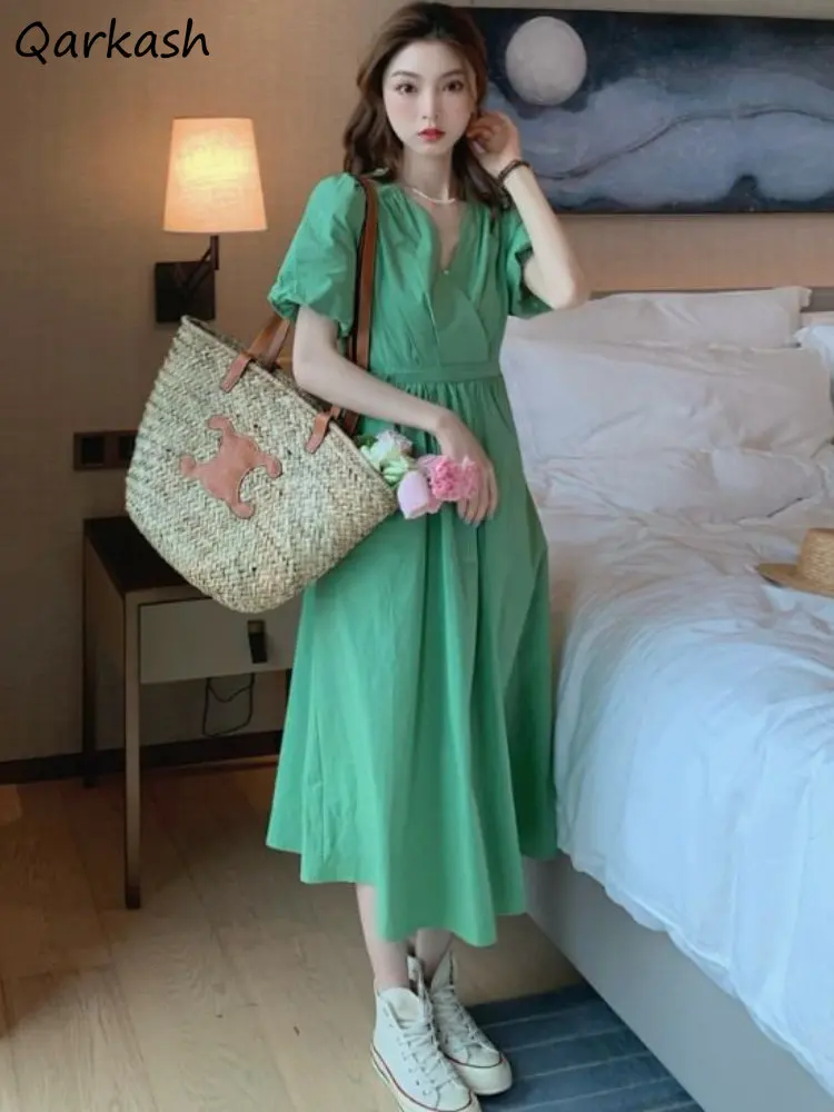 

V-neck Dresses Women Korean Style Solid Temperament Mujer Casual Vintage Classic High Waist Summer Fashion Chic Ins Puff Sleeve