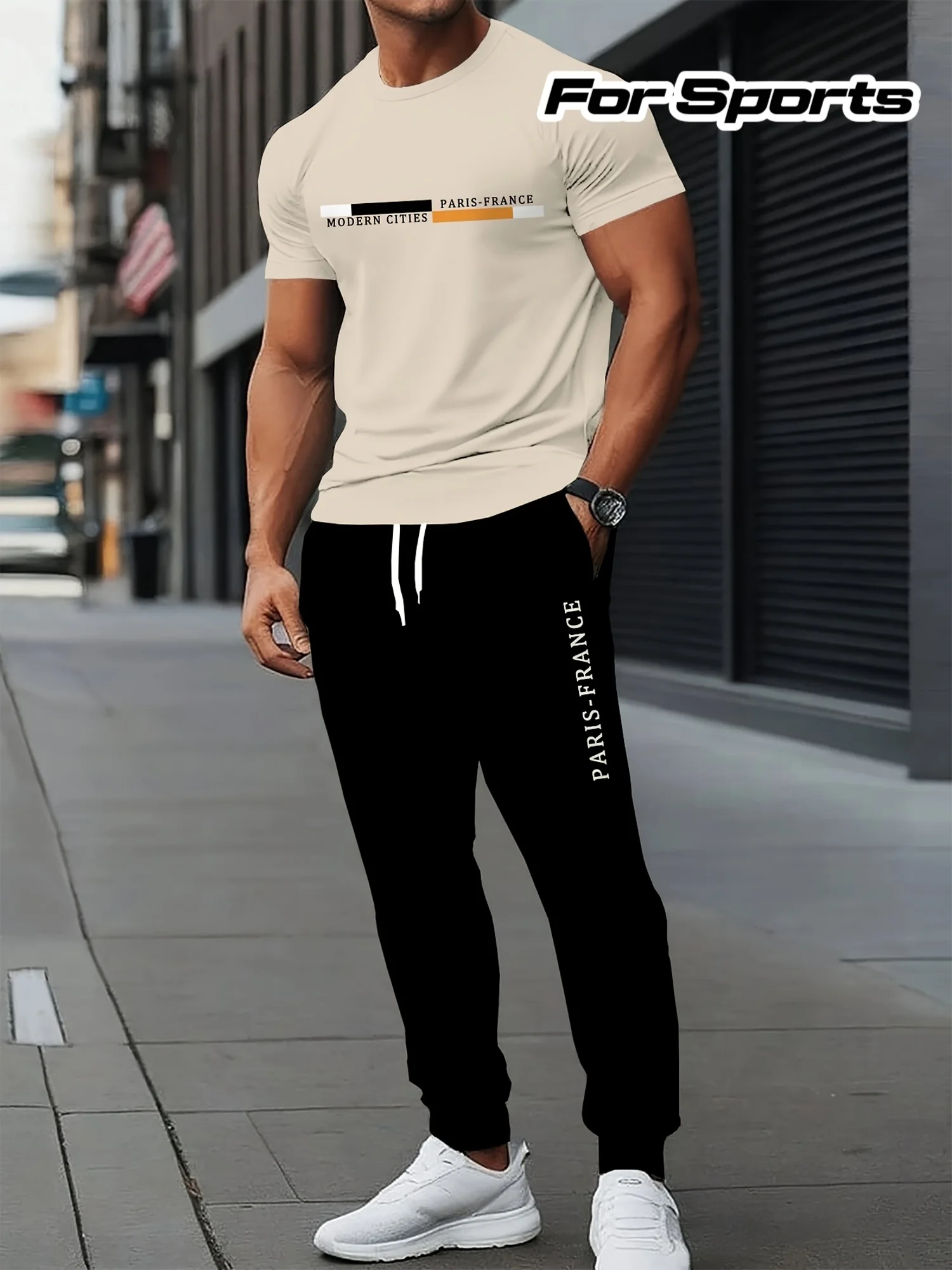 

Men's 2D printed short-sleeved t-shirt and sports drawstring pants - stylish, printed two-piece set. Men's clothing.
